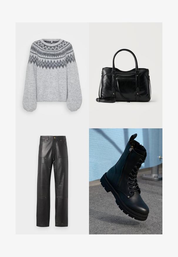 Lys grå strikket sweater med rund halsudskæring, lange ballonærmer og et geometrisk mønster i mørkere nuancer langs bærestykket.; Sorte læderbukser med lige skæring, der har markante søm, fire lommer og hardware-detaljer i kobberfarve. Glat tekstur.; Sorte læder ankel støvler med snørebånd, sidelås, tekstureret overflade og en robust sål med fremtrædende slidbaner.; Sort læderhåndtaske med dobbelte håndtag, front lynlåslomme, dekorative stropper og aftagelig skulderrem på lys baggrund.