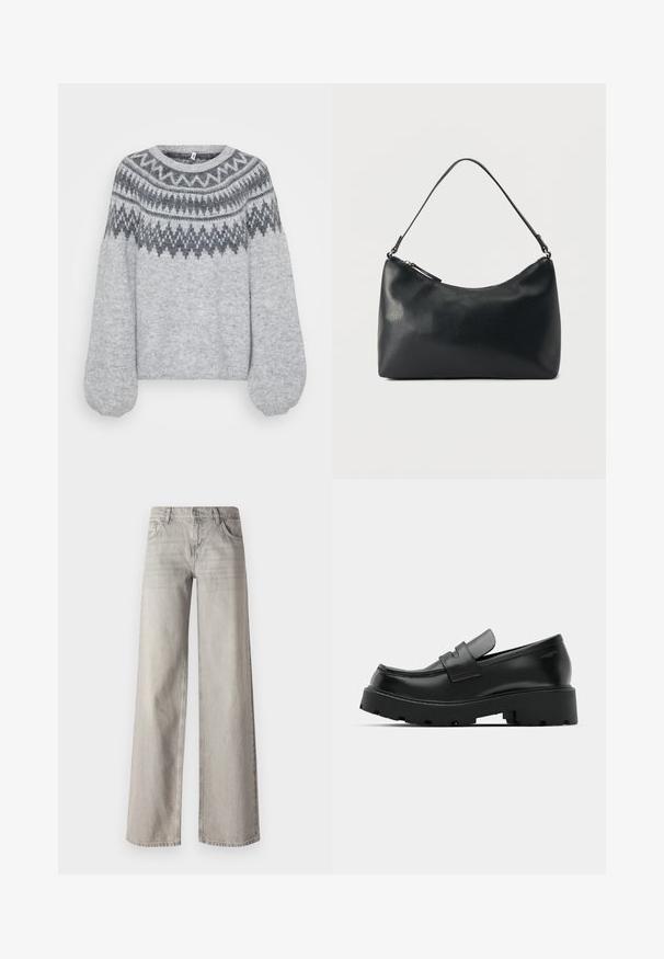 Lys grå strikket sweater med rund halsudskæring, lange ballonærmer og et geometrisk mønster i mørkere nuancer langs bærestykket.; Lys grå bredbenede jeans lavet af denim, med fem-lomme design, frontknaplukning og let falmet tekstur.; Sorte læder loafers med en chunky tekstureret sål, der har en rem over vamps og en glat, poleret finish.; Sort skuldertaske i struktureret læder med buet toplynlås og enkelt justerbar rem mod ensfarvet baggrund.
