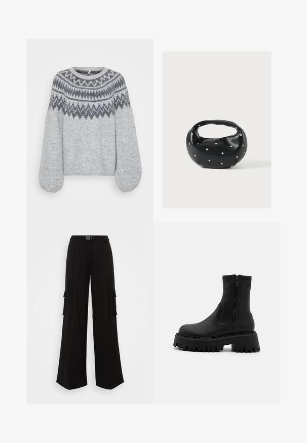Lys grå strikket sweater med rund halsudskæring, lange ballonærmer og et geometrisk mønster i mørkere nuancer langs bærestykket.; Sorte cargo-bukser med brede ben, sidelommer, tekstureret stof, en tætsiddende talje og et bælte til justerbar pasform. Rent, moderne design.; Sorte ankelstøvler lavet af mat syntetisk materiale, med en sidelukning, en chunky platformsål med tandskær og forstærkede sømme.; Sort læderhåndtaske med en rundet form, dekoreret med sølvnitter, og et kort håndtag. Glat tekstur og lynlåslukning.