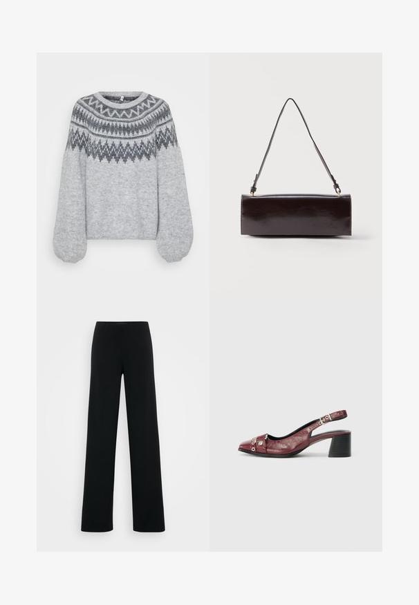 Lys grå strikket sweater med rund halsudskæring, lange ballonærmer og et geometrisk mønster i mørkere nuancer langs bærestykket.; Vero Moda Tall VMBERLIN ZAMIRA WIDE - Bukser - black; Bordeauxfarvet læderslippersko med rund tå, buet design, sølvhardwaredetaljer og blokhæl. Tekstureret finish.; Rektangulær sort læderhåndtaske med en enkelt lang rem og blank finish, vist mod en ensfarvet hvid baggrund.
