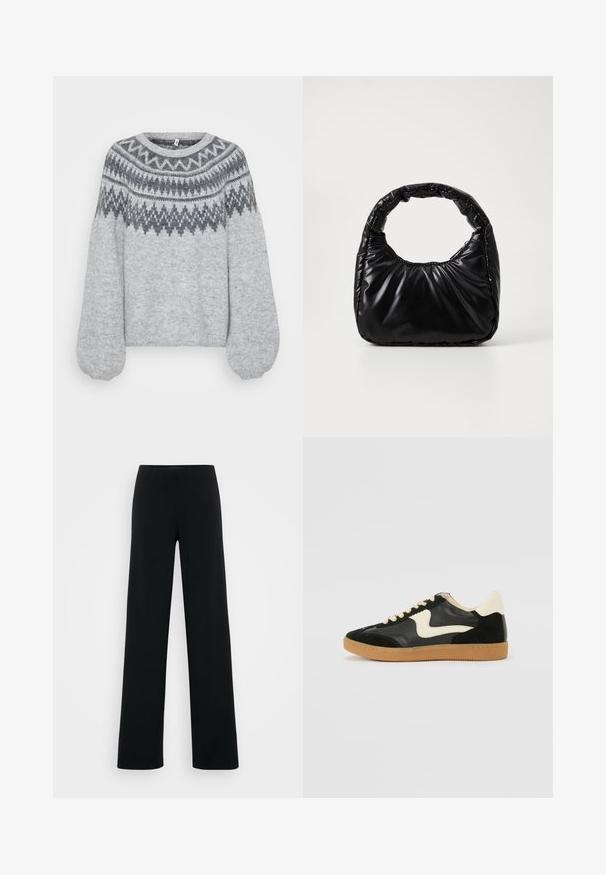 Pull en tricot gris clair avec un col rond, des manches bouffantes longues et un motif géométrique dans des teintes plus foncées le long du yoke.; Vero Moda Tall VMBERLIN ZAMIRA WIDE - Pantalon classique - black; Baskets en daim et cuir noir avec un swoosh latéral crème et un talon crème clair. Dotées de lacets beige et d'une semelle en caoutchouc gomme.; Sac à main noir rembourré avec une poignée arrondie, présentant une surface lisse et brillante ainsi qu'une texture douce et matelassée. Pas de quincaillerie ou d'accents visibles.