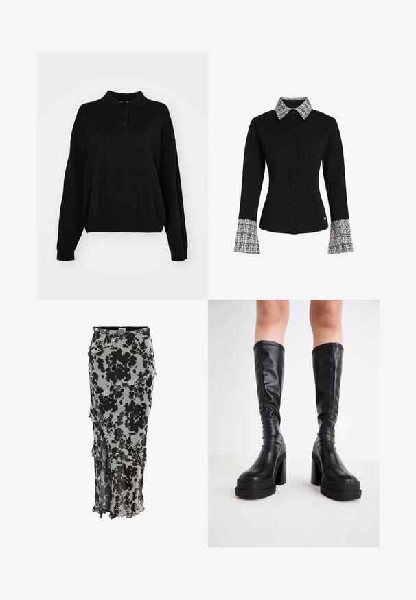 Schwarzer Pullover mit Kragen, drei Knöpfen und lockeren Ärmeln. Hergestellt aus strukturiertem Stoff mit einem gerippten Saum.; Schwarzes tailliertes Hemd mit Knopfleiste, texturiertem schwarz-weißem Kragen und ausgestellten Manschetten.; Schwarz- und grau bedruckter Midirock aus transparentem Stoff, mit einem Rüschendesign und asymmetrischem Saum. Das Muster ähnelt Tierfell.; Schwarze knöchelhohe Stiefel aus glattem Leder, ausgestattet mit einer dicken Plateausohle und einem Blockabsatz, mit genähten Details entlang der Kanten.