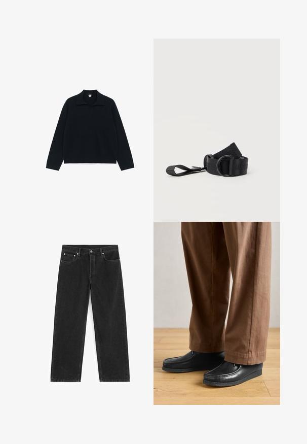 Zwart shirt met lange mouwen, een brede kraag en een rechte zoom, plat uitgespreid op een witte achtergrond.; Zwarte spijkerbroek met rechte pijpen, voor- en achterzakken, riemlussen en een knoopsluiting in de taille.; Zwarte leren schoenen met een mocassinstijl en steekdetails, gecombineerd met een paarse broek, op een houten vloer.; Zwarte verstelbare band met D-ring gesp en gelust uiteinde, gemaakt van geweven stof, opgerold op een witte achtergrond gelegd.
