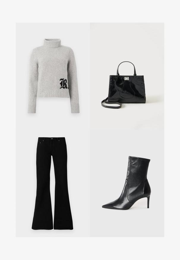 Pull à col roulé en maille gris clair avec manches longues et lettrage noir de style gothique sur le bas à droite.; Jean évasés noirs en denim, avec un design classique à cinq poches, fermeture à bouton et détails de couture subtils le long des coutures.; Bottes noires à la cheville en cuir lisse, dotées d'un bout pointu, d'un tige ajustée et d'un talon haut fin. Design minimaliste sans quincaillerie visible.; Sac à main en cuir verni noir avec poignées arrondies, bandoulière détachable et fermeture à boucle argentée sur fond blanc uni.