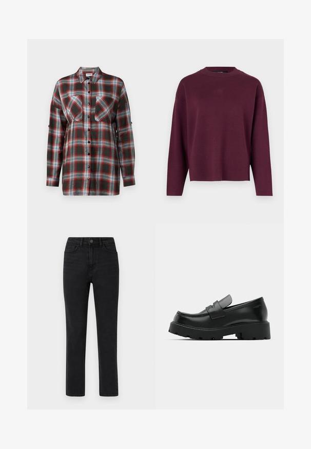Vero Moda Knitted VMSILJE Knitted - Πουλόβερ - winetasting; Πλαϊνός πουκάμισο με μακριά μανίκια σε καρό σχέδιο που διαθέτει σκούρο πράσινο, κόκκινο, μπλε και λευκό χρώμα, με δύο τσέπες στο στήθος και κλείσιμο με κουμπιά μπροστά.; Μαύρα ψηλόμεσα τζιν με ίσια γραμμή, με κούμπωμα μπροστά, θηλιές για ζώνη και σχέδιο πέντε τσεπών, σε λευκό φόντο.; Μαύρα δερμάτινα loafers με χοντρή υφασμάτινη σόλα, που διαθέτουν λωρίδα πάνω από το βεντ και λείο, γυαλισμένο φινίρισμα.