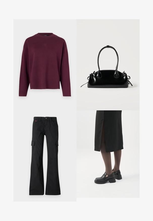Vero Moda Knitted VMSILJE Knitted - Strickpullover - winetasting; Schwarze Cargo-Hosen mit geradem Bein. Verfügt über zwei Seitentaschen, einen Knopfverschluss und ein kleines gesticktes Logo am Bund.; Frau trägt schwarze Loafers mit klobigem Absatz, schwarze transparente Strumpfhosen und einen schwarzen Rock mit Schlitz hinten vor weißem Hintergrund.; Kleine schwarze glänzende Handtasche mit zwei langen Griffen und seitlichen Kordelzug-Details vor einfachem hellem Hintergrund.