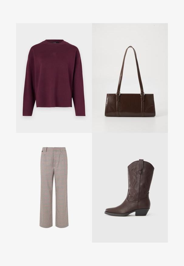 Vero Moda Knitted VMSILJE Knitted - Trui - winetasting; Geverfde broek in beige, rood en marineblauw. Ruime snit met een op maat gemaakte taille en plooien, voorzien van een gestructureerde stofafwerking.; Bruine leren cowboylaars met een spitse neus, decoratieve stiksels op de schacht en een lage, gestapelde hak. Gladde textuur en gebogen ontwerp.; Bruine lakleren handtas met een rechthoekige vorm, twee lange handvatten en subtiele gebogen accenten aan de voorkant.