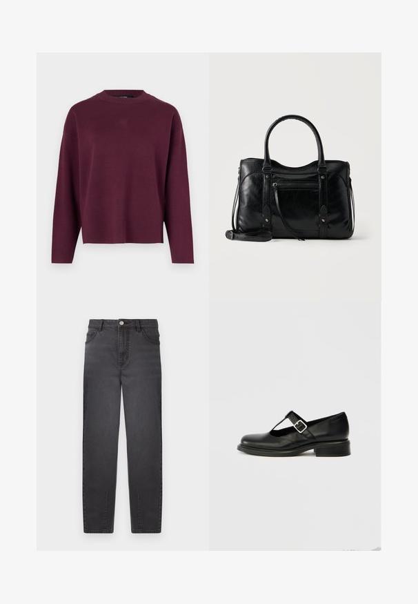 Vero Moda Knitted VMSILJE Knitted - Πουλόβερ - winetasting; Μαύρες τζιν παντελόνες με ψηλή μέση, ίσια γραμμή, δύο μπροστινές τσέπες και κλείσιμο με ασημένιο κουμπί. Απαλή υφή με διακριτική γυαλάδα.; Μαύρο δερμάτινο παπούτσι Mary Jane με στρογγυλή μύτη, σχέδιο με λουρί Τ, ρυθμιζόμενο πόμολο και χαμηλό στρογγυλό τακούνι. Λείο υφή με ελάχιστες λεπτομέρειες.; Μαύρη δερμάτινη τσάντα με διπλές λαβές, μπροστινή τσέπη με φερμουάρ, διακοσμητικά λουράκια και αποσπώμενο ιμάντα ώμου σε ανοιχτό φόντο.
