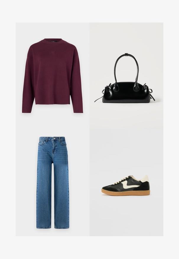 Vero Moda Knitted VMSILJE Knitted - Svetrík - winetasting; Džínsy s širokými nohavicami v stredne modrej farbe, klasický dizajn s piatimi vreckami, zapínanie na gombík a textúrovaná tkanina. Čistý vzhľad bez ozdôb.; Čierne semišové a kožené tenisky s krémovým bočným prešívaním a svetlo krémovou pätou. Obsahujú béžové šnúrky a podošvu z gumeného kaučuku.; Malá čierna lesklá kabelka s dvoma dlhými rúčkami a bočnými šnúrkovými detailmi na jednoduchom svetlom pozadí.