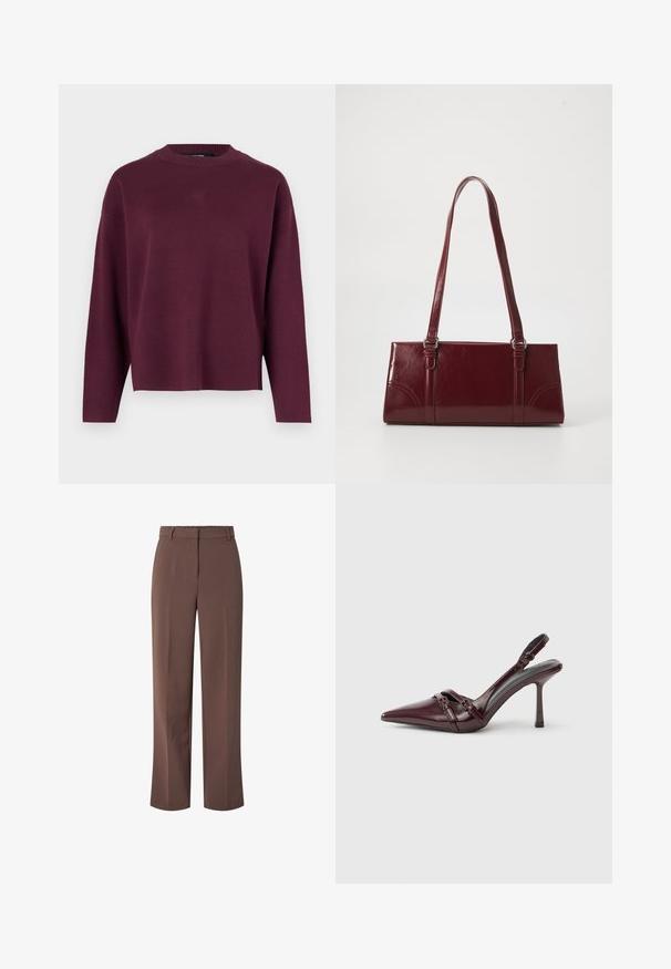 Vero Moda Knitted VMSILJE Knitted - Pullover - winetasting; Pantalons tailleur marron taille haute avec passants de ceinture et fermeture à glissière à l'avant, présentant une coupe droite.; Escarpin slingback en cuir verni bordeaux avec bout pointu, fine bride à la cheville et petit détail décoratif de boucle. Texture lisse et talon haut.; Sac à main bordeaux en matériau brillant, de forme rectangulaire, avec deux anses et des accents légèrement courbés à l'avant.