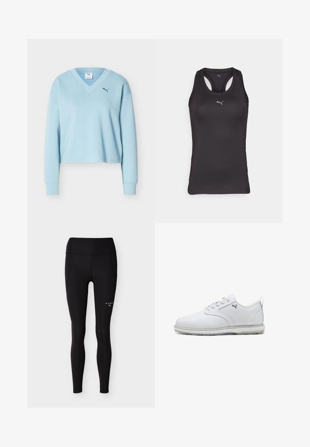 Hellblaues, langärmeliges, kurz geschnittenes Sweatshirt mit V-Ausschnitt und kleinem dunkelblauem Puma-Logo auf der linken Brust.; Schwarzes Sporttanktop mit Racerback-Design, aus glattem Stoff gefertigt, mit einem kleinen grauen Logo in der Mitte vorne.; Schwarze, hoch taillierte Leggings mit seitlichen Nähten und kleinem weißen "HYROX"- und Puma-Logo am oberen Oberschenkel.; Weiße Sportschuhe mit glattem Obermaterial aus synthetischem Leder, strukturierten Akzenten, gepolsterter Knöchelstütze und gummierter Sohle mit guter Traktion. Silberne Logodetails.