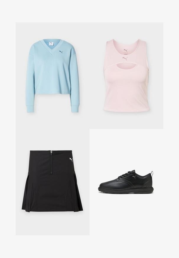 Lyseblå cropped sweatshirt med lange ærmer, V-hals og lille mørkeblå Puma-logo på venstre bryst.; Lyserød ærmeløs sports crop top med rund halsudskæring, udskæring og Puma-logo foran midt på og inde i kraven.; Sort atletisk nederdel med lynlås foran og plisserede sider, med en hvid Puma-logo på øverste højre side.; Sort lædersko med en glat overflade, tekstureret sidepanel, snørebåndsdesign og polstret krave. Har et diskret logo og mønstrede accenter.