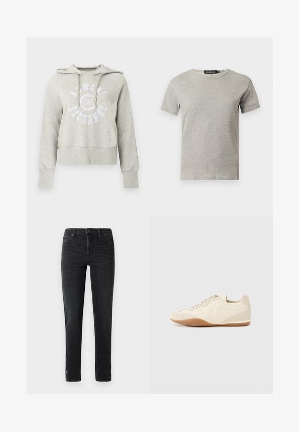 Lichtgrijze cropped hoodie met lange mouwen, vooraan trekkoorden en witte "Armani Exchange" tekst en embleem op de borst.; Lichtgrijs katoenen T-shirt met korte mouwen en ronde hals, met een zichtbaar zwart label in de kraag met de tekst "DENIM" en maat "S".; Zwarte slim-fit jeans met een voorste knoop, riemlussen en subtiele vervagingdetails langs de zijkanten en de voorkant van de bovenbenen.; Lichtbeige sneakers met een textuur van leer op het bovenwerk, getextureerde zijpanelen en een rubberen zool. Voorzien van een slank, gestroomlijnd ontwerp en platte veters.