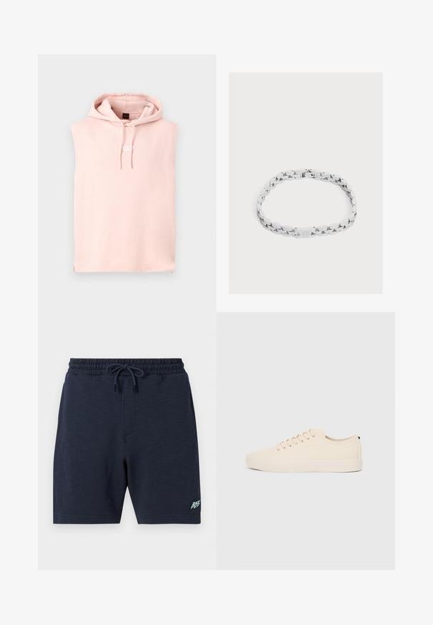 Sweat à capuche sans manches rose clair avec cordons à l'avant et petit texte brodé au centre de la poitrine sur fond gris uni.; Short bleu marine pour homme avec taille élastique et cordon, avec petit logo "BOSS" sur la partie inférieure de la jambe gauche.; Baskets en toile beige avec bout arrondi, semelle en caoutchouc plate et lacets à l'avant. Présente un design minimaliste et un accent noir contrastant au niveau du talon.; Bracelet chaîne en métal argenté avec des maillons ovales et un fermoir rectangulaire gravé d'une lettre B stylisée sur un fond blanc.