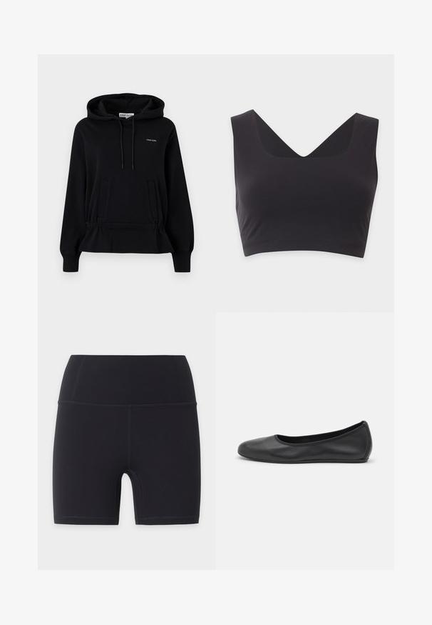 Sweat à capuche noir avec poches avant, capuche à cordon, taille froncée et petit logo blanc « Stine Goya » sur la poitrine.; Crop top noir sans manches avec de larges bretelles et un profond décolleté en V sur un fond clair uni.; Shorts de cyclisme sportifs noirs taille haute avec coutures plates, conçus pour une coupe ajustée et une longueur mi-cuisse.; Ballerines en cuir noir avec un bout rond, texture lisse, détails de couture minimalistes et design de semelle flexible.