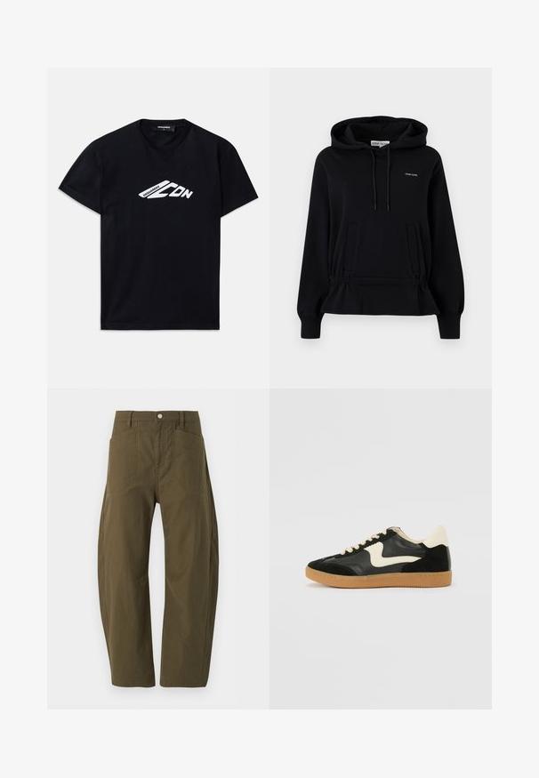 Sweat à capuche noir avec poches avant, capuche à cordon, taille froncée et petit logo blanc « Stine Goya » sur la poitrine.; T-shirt en coton noir à manches courtes et col rond. Présente un logo graphique blanc "DSQUARED2 CDN" à l'avant.; Pantalon taille haute vert olive à jambes larges, avec poches avant, passants pour ceinture et fermeture par bouton à la taille.; Baskets en daim et cuir noir avec un swoosh latéral crème et un talon crème clair. Dotées de lacets beige et d'une semelle en caoutchouc gomme.