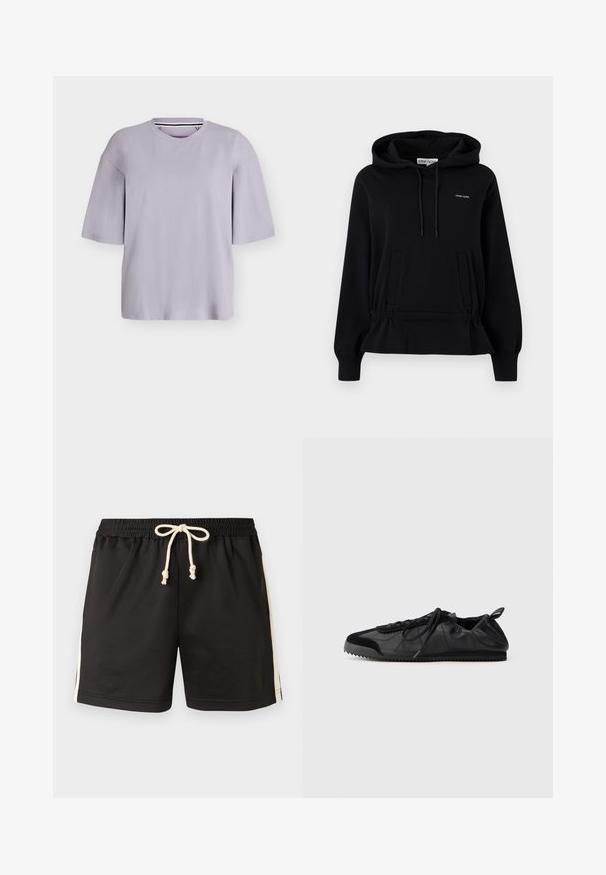 Sweat à capuche noir avec poches avant, capuche à cordon, taille froncée et petit logo blanc « Stine Goya » sur la poitrine.; T-shirt oversize violet clair à manches courtes avec un col rond, présenté sur un fond uni clair.; Shorts de sport noirs avec taille élastique et cordon blanc, ornés de bandes blanches sur les côtés, présentés sur un fond uni.; Sneakers noirs avec une tige en cuir lisse et des accents en suède texturé. Dotés d'un laçage à l'avant, d'un bout arrondi et d'une semelle en caoutchouc rainurée.