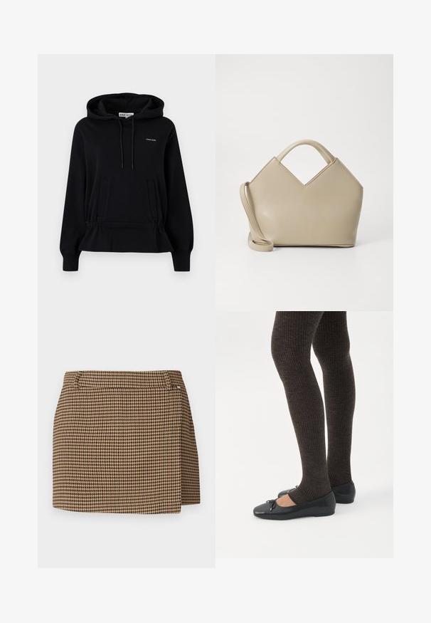 Sort hættetrøje med frontlommer, snøre i hætten, rynket talje og lille hvid "Stine Goya" logo på brystet.; Brun og beige houndstooth-mønstereret miniskørt med en lille omslagseffekt og bæltestropper på en hvid baggrund.; Ben iført mørke ribbede leggings kombineret med sorte balletsko med små sløjfedetaljer på hvid baggrund.; Beige struktureret håndtaske med en V-formet top, glat lædermateriale, korte håndtag og et langt justerbart rem. Minimalistisk design.