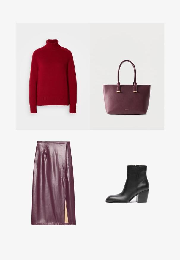 Rød rullekrave sweater med ribbede manchetter og kant, lavet af et blødt strikkemateriale, med en afslappet pasform og tydelige sømlinjer.; Bordeaux farvet faux læder blyantskirt med slidser i siden, glat tekstur og sømdetaljer, der har en tætsiddende silhuet og knælangt design.; Sort læder ankelstøvle med firkantet tå og kraftig blokhæl. Glat tekstur og minimalistisk design. Sidelukning for nem påklædning.; Mørkelilla lædertaske med to håndtag og lille guldbrandlogo foran, sat mod en simpel lys baggrund.
