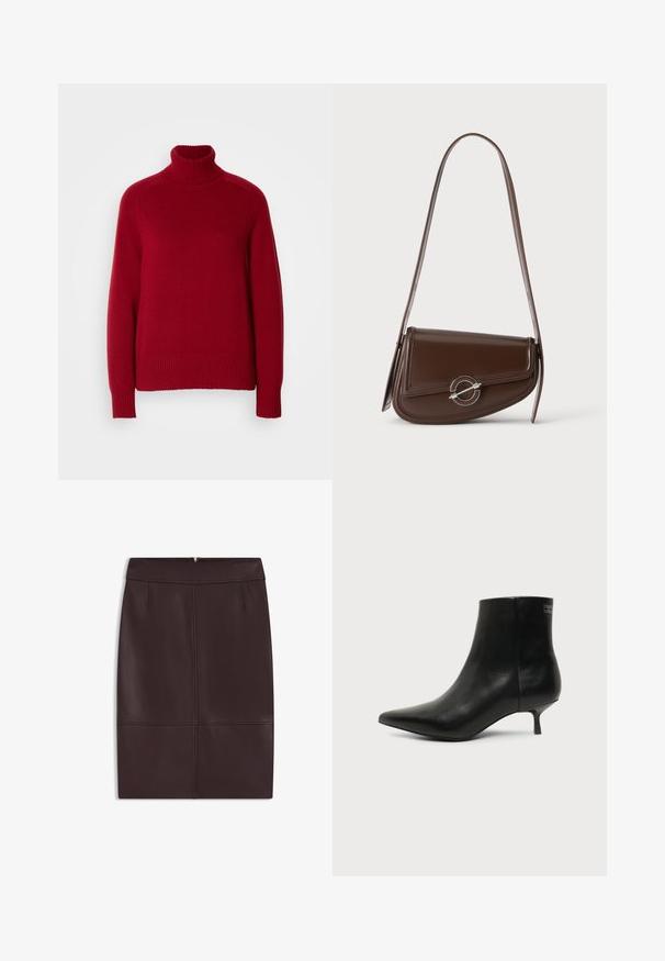 Rød rullekrave sweater med ribbede manchetter og kant, lavet af et blødt strikkemateriale, med en afslappet pasform og tydelige sømlinjer.; Bordeaux læderblyantnederdel med en glat tekstur, der har frontfald og en skjult lynlås bagpå til lukning.; Sort læder ankelstøvle med spids tå og lav kitten hæl på lys baggrund, der viser yderside.; Brun læder skuldertaske med asymmetrisk klap og sølv cirkulær spænde, vist mod en ensfarvet hvid baggrund.