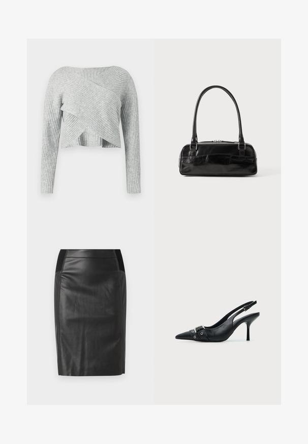 Grå ribstrikket cropped sweater med et krydsende design, lange ærmer og en blød tekstur. Indeholder horisontale og vertikale ribbemønstre.; Sorte læderblyantskirt med en tætsiddende design, glat tekstur og elastisk talje med detaljer på begge sider. Flad kant i bunden.; Sort læder højhælet sko med spidst tåparti, slingback og rem med spænde og nitter foran.; Sort læderhåndtaske med rektangulær form, der har et enkelt struktureret håndtag, sølvhardware og lynlås-lukning. Glat tekstur.
