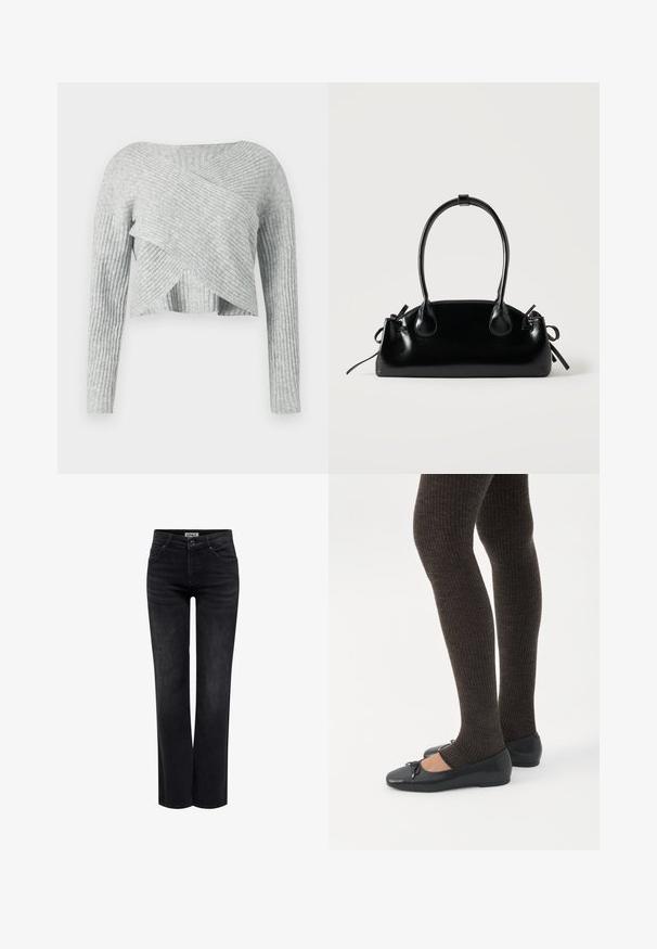Grauer, kurz geschnittener, gerippter Pullover mit Überkreuz-Design, langen Ärmeln und weicher Textur. Verfügt über horizontale und vertikale Rippenmuster.; ONLY BLUSH MID STRAIGHT NOOS - Jeans Straight Leg - washed black; Beine in dunklen, gerippten Leggings kombiniert mit schwarzen Ballerinas mit kleinen Schleifendetails auf weißem Hintergrund.; Kleine schwarze glänzende Handtasche mit zwei langen Griffen und seitlichen Kordelzug-Details vor einfachem hellem Hintergrund.