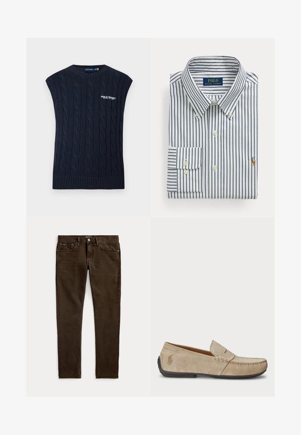 Tmavomodrá pletená bezrukávová vesta so vzorom copov, s okrúhlym výstrihom, rebrovaným lemom a bielym logom Polo Sport Ralph Lauren na hrudi.; Zložená biela košeľa s námorníckymi zvislými pruhmi, golier s gombíkmi a vyšívané logo Polo Ralph Lauren na hrudi.; Úzke tmavohnedé džínsy s piatimi vreckami, zapínaním na gombík a zips a s viditeľnými štítkami značky Polo na páse a prednom vrecku.; Béžové semišové mokasíny s prešívaním, plochou gumenou podrážkou a malým logom na strane. Klasický dizajn na obúvanie, mäkká textúra.
