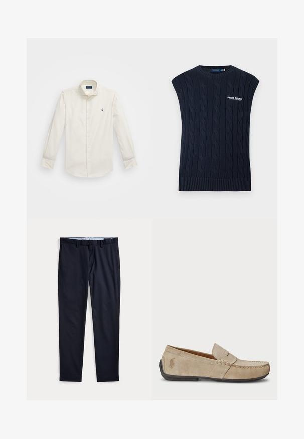 Tmavomodrá pletená bezrukávová vesta so vzorom copov, s okrúhlym výstrihom, rebrovaným lemom a bielym logom Polo Sport Ralph Lauren na hrudi.; Biela dlhá košeľa s dlhým rukávom vyrobená z bavlny, s golierom na gombíky, jednou náprsní kapsou a malým námorným logom na ľavej strane.; Pánske spoločenské nohavice námornícko modrej farby s pútkami na opasok, zipsom a bočnými vreckami, položené na bielom pozadí.; Béžové semišové mokasíny s prešívaním, plochou gumenou podrážkou a malým logom na strane. Klasický dizajn na obúvanie, mäkká textúra.