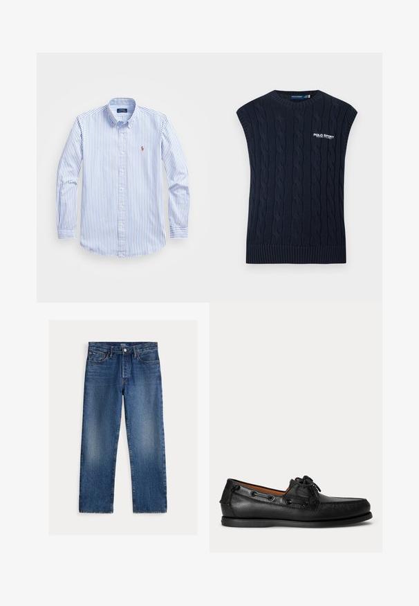 Gilet sans manches en maille torsadée bleu marine, col rond, ourlet côtelé et logo Polo Sport Ralph Lauren blanc sur la poitrine.; Chemise boutonnée à rayures bleu clair et blanches, avec un col, des manches longues et un petit logo sur la poitrine. Matière en coton.; Jean droit en denim bleu avec détails délavés, cinq poches, passants pour ceinture et fermeture par bouton et fermeture éclair, étiquette Polo Ralph Lauren à l'intérieur.; Mocassin en cuir noir avec détail lacé et semelle basse en caoutchouc, présenté de profil sur un fond clair uni.