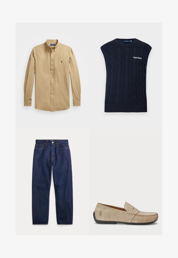 Tmavomodrá pletená bezrukávová vesta so vzorom copov, s okrúhlym výstrihom, rebrovaným lemom a bielym logom Polo Sport Ralph Lauren na hrudi.; Polo Ralph Lauren Košeľa - surrey tan; Tmavomodré riflové nohavice s priamymi nohavicami, piatimi vreckami, zapínaním na gombíky a viditeľným šitím.; Béžové semišové mokasíny s prešívaním, plochou gumenou podrážkou a malým logom na strane. Klasický dizajn na obúvanie, mäkká textúra.