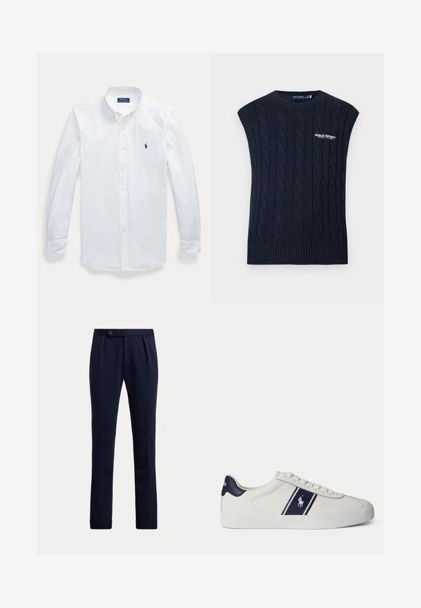 Tmavomodrá pletená bezrukávová vesta so vzorom copov, s okrúhlym výstrihom, rebrovaným lemom a bielym logom Polo Sport Ralph Lauren na hrudi.; Biela košeľa s dlhým rukávom, gombíkmi a golierom, vyšívané logo Polo Ralph Lauren na ľavej strane hrude.; Námornícke modré nohavice na mieru s zapínaným pásom na gombíky a prednými záhybmi, zobrazené na jednoliatom svetlom pozadí.; Biele nízke tenisky s námorníckym modrým pásikom a logom na boku, s námorníckym modrým pätovým pásikom, plochou bielou podrážkou a bielymi šnúrkami.