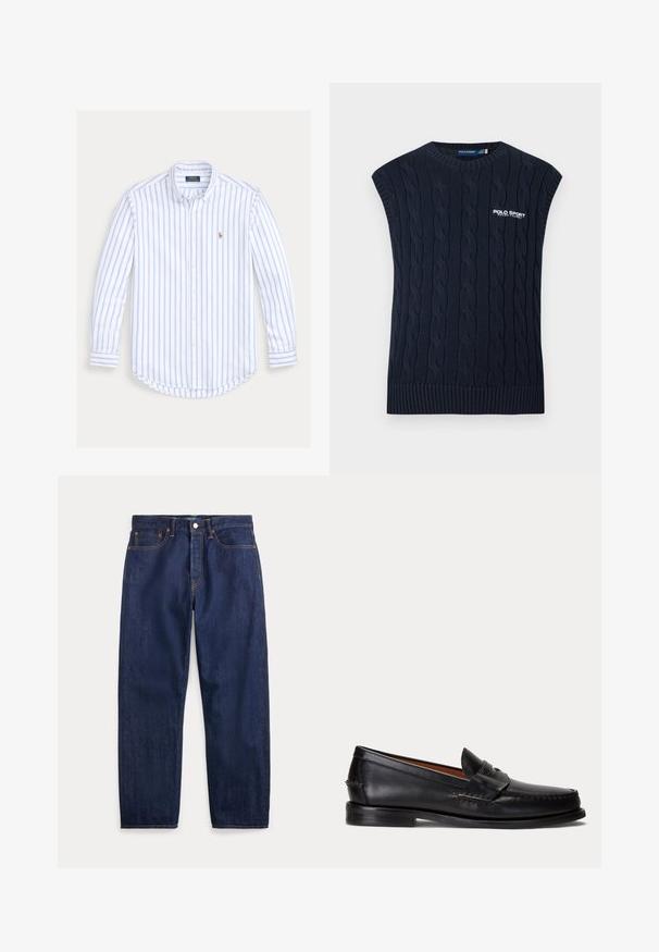 Gilet sans manches en maille torsadée bleu marine, col rond, ourlet côtelé et logo Polo Sport Ralph Lauren blanc sur la poitrine.; Chemise à manches longues boutonnée avec des rayures verticales bleu clair et un petit logo brodé sur la poitrine gauche.; Jean en denim bleu foncé avec jambes droites, cinq poches, fermeture par bouton et coutures visibles.; Mocassin en cuir noir avec un petit talon et une bride penny, vu de côté sur un fond gris clair.