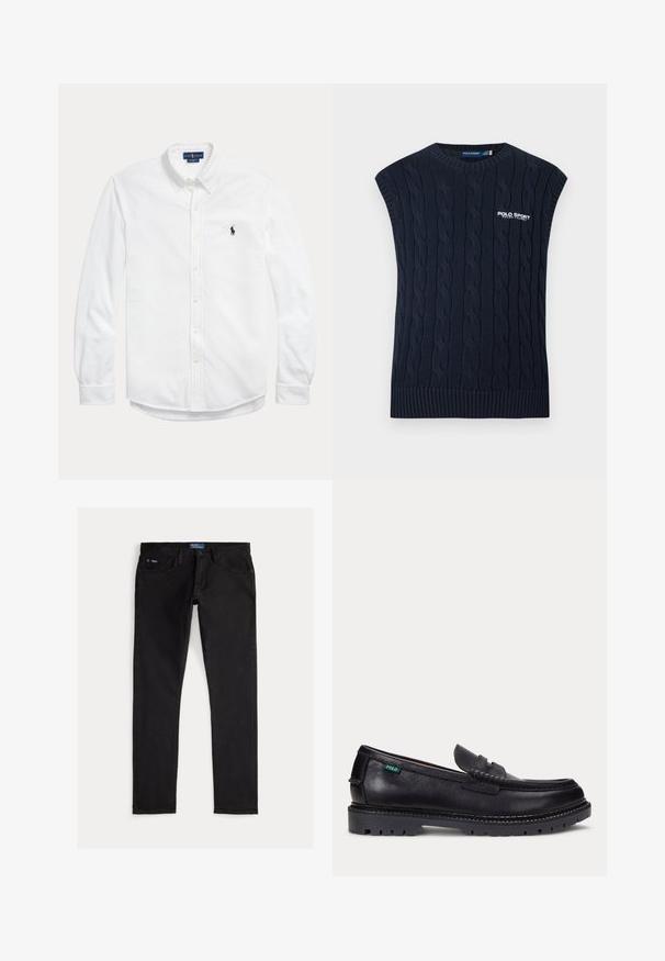 Marineblauw kabelgebreide mouwloze trui met ronde hals, geribde zoom en wit Polo Sport Ralph Lauren-logo op de borst.; Wit overhemd met lange mouwen, knopen, button-down kraag en klein donker Polo Ralph Lauren-logo op de linkerborst.; Zwarte denim jeans met een slim fit, voorzien van vijf zakken, riemlussen en een blauw merkembleem op de tailleband. Glad, duurzaam materiaal.; Zwarte leren loafer met dikke geprofileerde zool en klein groen "Polo" label aan de buitenkant bij de hiel.