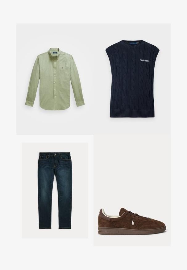 Tumesinine kaablikirjas varrukateta kampsunvest ümar kaelusega, soonilise äärega ja valge Polo Sport Ralph Laureni logoga rinnal.; Hele roheline pika varrukaga nööpidega särk, millel on terav krae, rinnal väike tikitud logo ja pärline nööp.; Tumesinised kitsad teksad nõrga pleekimise ja viie tasku disainiga, asetatud tasaselt valgele taustale.; Pruun seemis madalam tennisejalanõu tumepruuni tallaga, paeltega ja valge heegeldatud Polo logoga küljel.