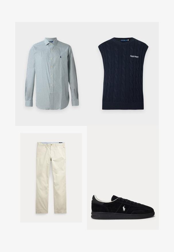 Tumesinine kaablikirjas varrukateta kampsunvest ümar kaelusega, soonilise äärega ja valge Polo Sport Ralph Laureni logoga rinnal.; Sinise ja valge ruudulise mustriga nööp-üles särg, pikkade varrukatega, klassikalise kraega, millel on rinnal väike ristpistes embleem.; Beežid sirge säärega puuvillased püksid vööaasade, eesnupu, luku ja küljetaskutega.; Mustad madala lõuaga toss mustade paelte, valge voodri ja valge Polo Ralph Laureni logoga küljel ja kannal.