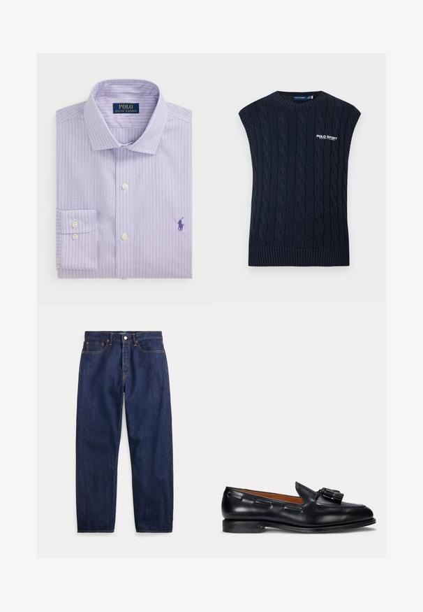Tmavomodrá pletená bezrukávová vesta so vzorom copov, s okrúhlym výstrihom, rebrovaným lemom a bielym logom Polo Sport Ralph Lauren na hrudi.; Svetlofialová košeľa s bielymi vertikálnymi pruhmi, s golierom na gombíky, jednou náprsní kapsou, s vyšitým logom vo tmavej fialovej farbe.; Tmavomodré riflové nohavice s priamymi nohavicami, piatimi vreckami, zapínaním na gombíky a viditeľným šitím.; Čierny kožený mokasín s detailom strapcov a nízkym podpätkom, pohľad z boku na jednoliatom pozadí.