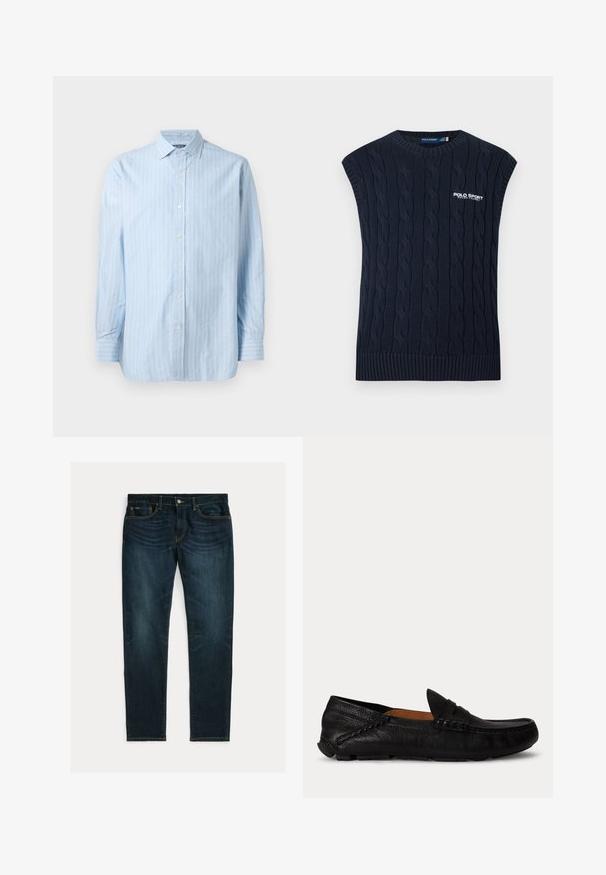 Chaleco de punto calado azul marino sin mangas con cuello redondo, dobladillo acanalado y logotipo blanco de Polo Sport Ralph Lauren en el pecho.; Camisa de manga larga azul claro con rayas verticales blancas, cuello con botones y cierres de botón en el frente. Tejido de algodón texturizado.; Vaqueros ajustados de color azul oscuro con ligero desgaste y diseño de cinco bolsillos, colocados planos sobre un fondo blanco.; Mocasín negro de cuero sin cordones con puntera redondeada y detalles cosidos a lo largo de los laterales y la parte superior, mostrado de lado sobre un fondo blanco.