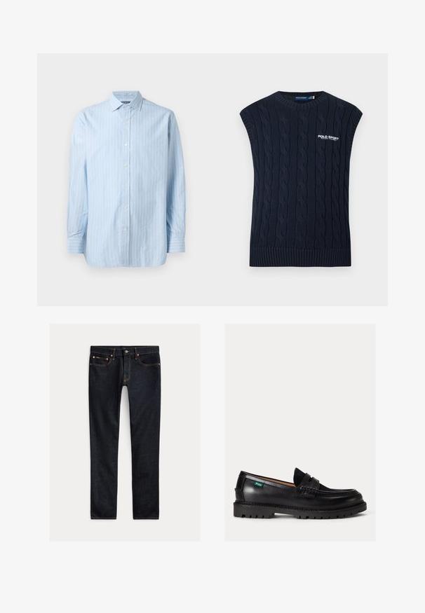 Marineblå kabelstrikket ærmeløs sweatervest med rund hals, ribkant og hvid Polo Sport Ralph Lauren-logo på brystet.; Lyseblå langærmet skjorte med hvide lodrette striber, knapkrave og knaplukninger foran. Tekstureret bomuldsstof.; Mørkeblå slim-fit jeans med fem lommer, knaplukning og kontrastsyning lagt fladt på en lys baggrund.; Sort læderloafer med chunky sål, rundet tå og grøn Polo-logo tag på siden.