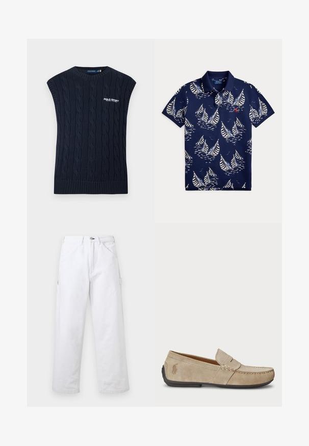 Chaleco de punto calado azul marino sin mangas con cuello redondo, dobladillo acanalado y logotipo blanco de Polo Sport Ralph Lauren en el pecho.; Polo azul marino con patrones de veleros en blanco y azul claro y un logo bordado rojo en el pecho.; Pantalones blancos de tiro alto con pierna recta, trabillas para cinturón, bolsillos delanteros, cierre de botón y un bolsillo utilitario lateral sobre un fondo liso.; Mocasines de ante beige con detalle cosido, suela de goma plana y un pequeño logotipo en el lateral. Diseño clásico de slip-on, textura suave.