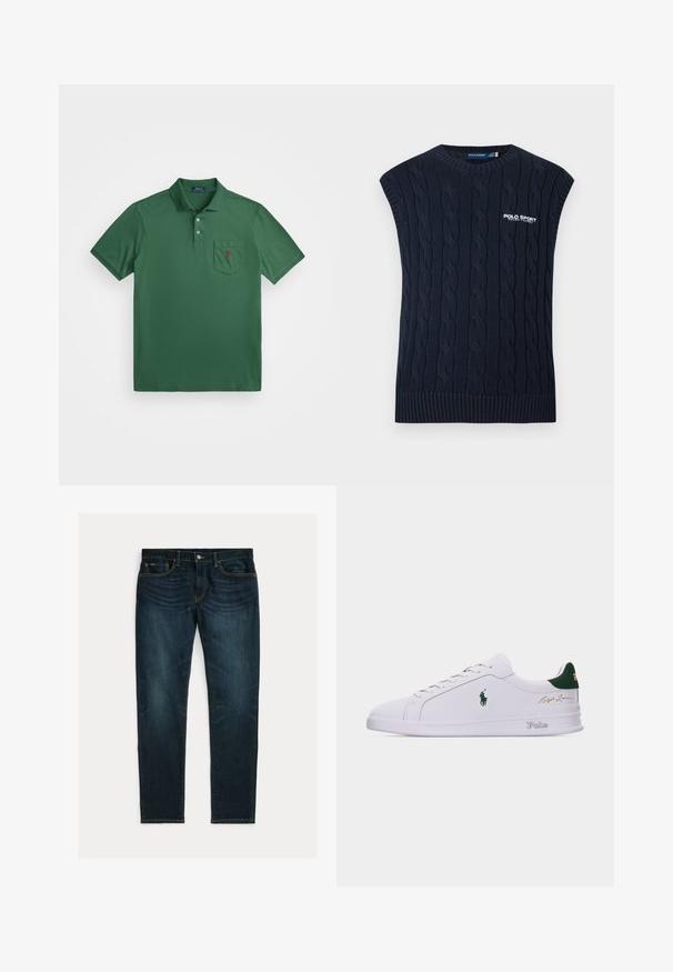 Tumesinine kaablikirjas varrukateta kampsunvest ümar kaelusega, soonilise äärega ja valge Polo Sport Ralph Laureni logoga rinnal.; Roheline polo särk, mis on valmistatud puuvilla segust, millel on krae, kolme nupuga avamine ja rinnatasku, millel on väike punane logo.; Tumesinised kitsad teksad nõrga pleekimise ja viie tasku disainiga, asetatud tasaselt valgele taustale.; Valge madala servaga toss rohelise kandeküljega, külje peal tikitud Polo hobuse logo, tallal tekst "Polo" ja ülaosas kuldne allkiri "Ralph Lauren".