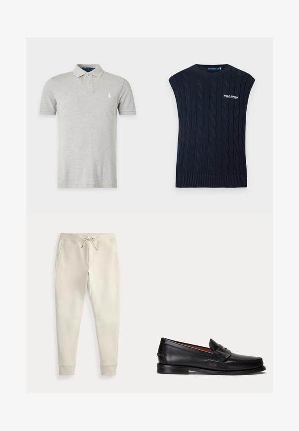 Gilet sans manches en maille torsadée bleu marine, col rond, ourlet côtelé et logo Polo Sport Ralph Lauren blanc sur la poitrine.; Polo gris clair à manches courtes avec deux boutons et petit logo blanc brodé sur la poitrine gauche.; Pantalon de jogging beige clair fuselé avec taille élastique, cordon de serrage, poches latérales et chevilles bord-côtes sur fond blanc.; Mocassin en cuir noir avec un petit talon et une bride penny, vu de côté sur un fond gris clair.