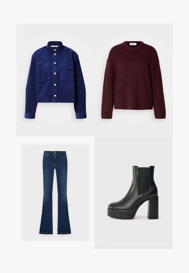 Pull en laine bourgogne avec un col rond, des épaules tombantes et des poignets et un ourlet côtelés. Texture douce et coupe légèrement oversize.; Veste en velours côtelé bleu marine avec deux poches avant, fermeture à boutons à l'avant, col et manches longues avec poignets à boutons.; Jean en denim bleu foncé à taille haute avec jambes évasées, doté de poches avant, de passants pour ceinture et d'une fermeture à boutons.; Bottine noire en cuir avec un talon large, panneaux élastiques sur les côtés et une texture lisse. Dispose d'une semelle plateforme pour plus de hauteur.
