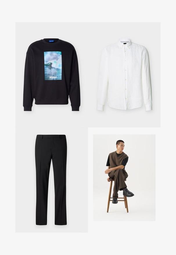 Sort sweatshirt med en farverig havbølgegrafik og teksten "HUGO" centreret på fronten, med ribbede ærmegab og kant.; Hvid herreskjorte med lange ærmer, knapper foran, knaplukning på kraven og diskret broderet logo på brystet.; Sorte skræddersyede bukser med lige ben, der har en glat overflade, plissee foran og en klassisk talje for et formelt udseende.; Brun strikket vest over en sort t-shirt, parret med brune vidde bukser og sorte chunky sko, siddende på en træstub.