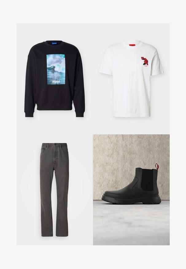 Sort sweatshirt med en farverig havbølgegrafik og teksten "HUGO" centreret på fronten, med ribbede ærmegab og kant.; Hvid kortærmet T-shirt med rund hals, med lille rød rosegrafik og "HUGO"-tekst på venstre bryst.; Grå denim jeans med lige ben-design, der har forlommer, knaplukning og subtil tekstur.; Sort ankelstøvle med en glat overflade, elastiske sidepaneler og en kontrasterende rød træksløjfe, der har en tyk gummisål og rund tå.