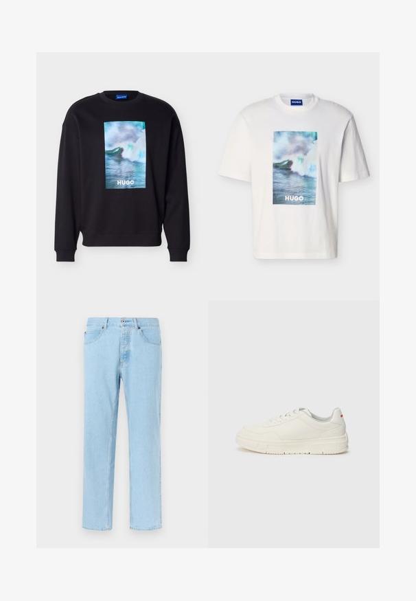 Sudadera negra con un gráfico colorido de ola oceánica y el texto "HUGO" centrado en el frente, con puños y dobladillo acanalados.; Camiseta blanca de manga corta con gráfico de olas oceánicas en azul, verde y blanco, y texto "HUGO" centrado en la parte frontal.; Vaqueros de mezclilla azul claro de pierna recta con cierre frontal de botón y cremallera, bolsillos delanteros y presillas para cinturón, mostrados sobre un fondo liso.; Zapatillas blancas con un upper de cuero liso, puntera redonda, cordones planos y una suela de goma texturizada. Un detalle rojo se encuentra en el talón.