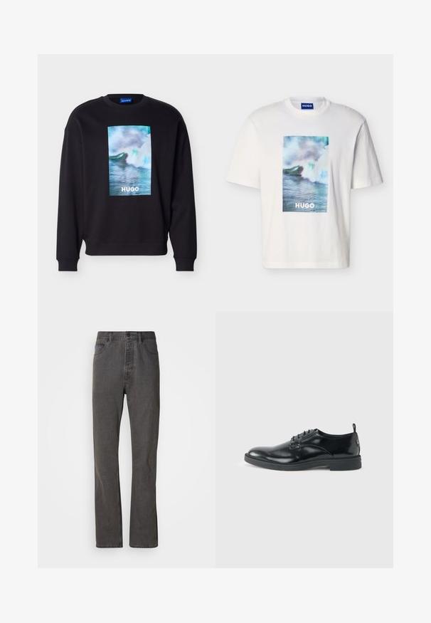 Sweat-shirt noir avec un motif coloré d'onde océanique et le texte « HUGO » centré sur le devant, doté de poignets et d'un ourlet côtelés.; T-shirt blanc à manches courtes avec un motif de vague océanique en bleu, vert et blanc et le texte "HUGO" centré à l'avant.; Jeans en denim gris avec une coupe droite, dotés de poches avant, d'une fermeture à bouton et d'une texture subtile.; Chaussure habillée en cuir noir brillant avec un petit talon, fermeture à lacets et bout rond, vue de côté sur un fond uni et clair.