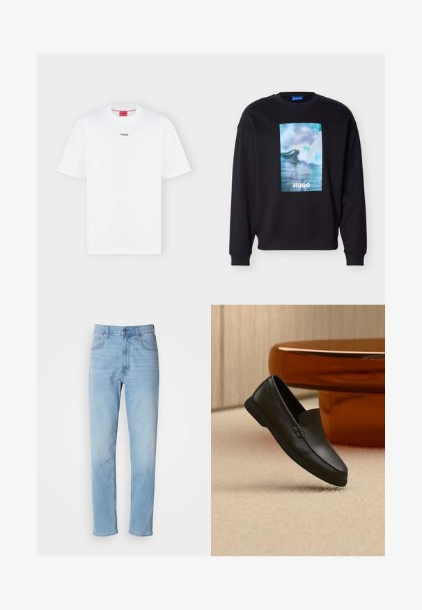 Schwarzer Pullover mit einem bunten Ozeanwellen-Design und dem Schriftzug "HUGO" mittig auf der Vorderseite, mit gerippten Bündchen und Saum.; Weißes T-Shirt mit kurzen Ärmeln und kleinem schwarzem "HUGO" Logo mittig auf der Brust und einem roten Etikett innen im Kragen.; Hellblaue Jeans mit geradem Schnitt, fünf Taschen und Gürtelschlaufen. Der Stoff hat eine glatte Textur mit einem leichten Verblassungseffekt.; Schwarzer Leder-Slipper auf beigefarbenem Teppich neben einem gebogenen bernsteinfarbenen Glastisch in einem neutral gestalteten Raum.