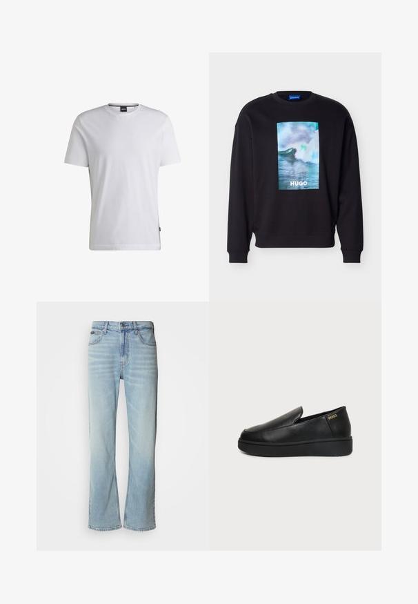 Sort sweatshirt med en farverig havbølgegrafik og teksten "HUGO" centreret på fronten, med ribbede ærmegab og kant.; Hvid T-shirt med korte ærmer lavet af bomuld. Har en rund hals og et diskret mærke på siden. Glat tekstur og enkelt design.; Lyseblå denimjeans med lige ben, der har fem lommer, knaplukning og en subtil falmning på stoffet.; Sort læder slip-on sko med tyk sål og små sideventilationshuller, med gulddetalje "HUGO" logo nær hælen.