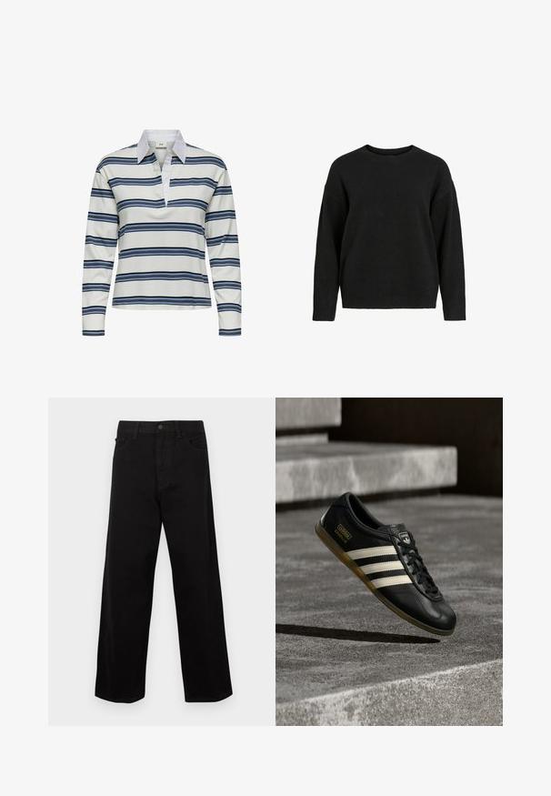 Sort crewneck striktrøje med lange ærmer og ribstrikkede manchetter og kant, vist på en hvid baggrund.; Langærmet polo-shirt med hvid bund og horisontale striber i marineblå og lyseblå. Bemærkelsesværdig hvid krave og blød bomuldstekstur.; Sorte, vide denimbukser med høj talje, fem lommer og frontlukning med knapper. Materialet virker robust med en glat tekstur.; Sort lædersneaker med hvidt trestribet design, teksturerede detaljer, sorte snørebånd og en gum-sål. Brandlogo synligt på tungen.