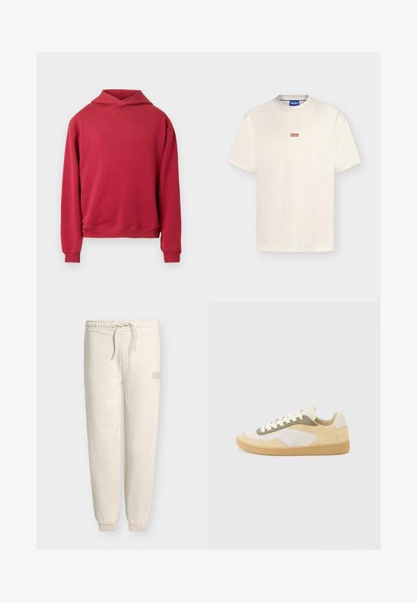 Sweat à capuche en coton rouge avec une coupe décontractée, doté d'une poche kangourou, de poignets côtelés et d'un logo minimaliste « BOSS » sur la poitrine. Design épuré.; T-shirt crème à manches courtes avec petit logo rectangulaire marron « HUGO » centré sur la poitrine et étiquette intérieure bleue à la marque dans le col.; Pantalon de jogging en polaire beige avec taille élastique et cordon, jambes fuselées avec poignets aux chevilles, et petit logo rectangulaire sur la cuisse droite.; Baskets basses en daim beige, panneaux en maille blanche, accents olive, lacets blancs et semelle en caoutchouc naturel sur fond gris clair.